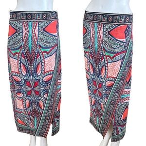Anthropologie Maeve Tribal Aztec Red Blue Geometric Faux Wrap MIDI Skirt Silk 2